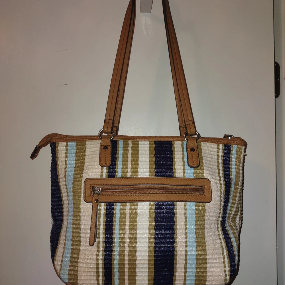 Striped Tan and Blue Women's Rossetti Tote Bag - Picture 2 of 7